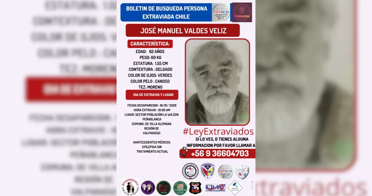 Continúa búsqueda de hombre extraviado hace 12 días en Villa Alemana